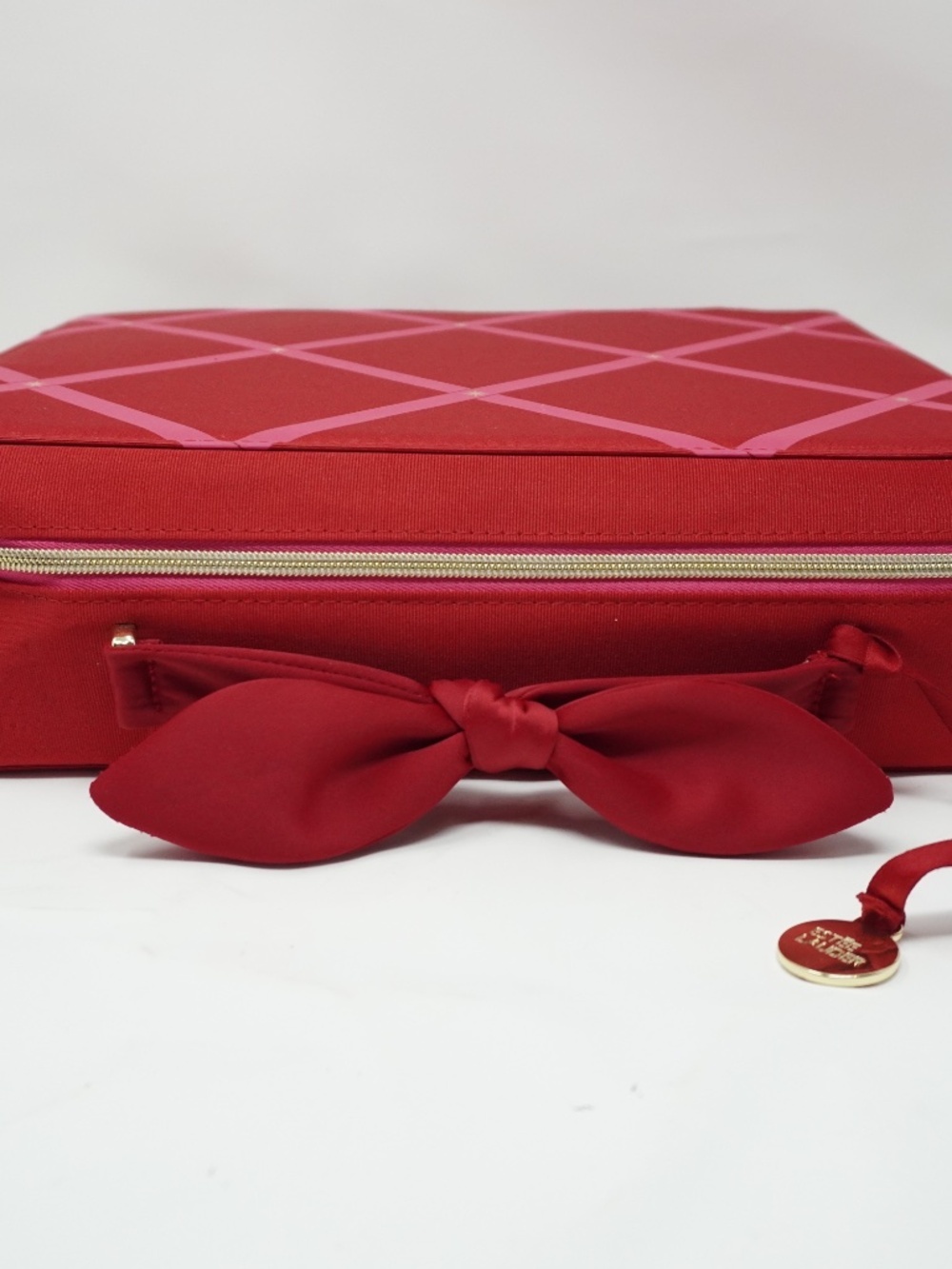 NEW ESTEE LAUDER COSMETIC BAG HUGE CHRISTMAS ZIPPER RED PINK - Picture 5 of 6
